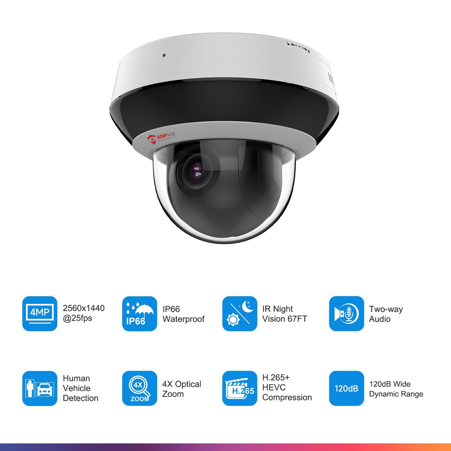 Anpviz 4MP PoE PTZ IP Camera, 4X Optical Zoom, Perimeter Protection, Human Vehicle Detection, 4MP@30fps, Dome Wired Security Camera with Audio, 330°