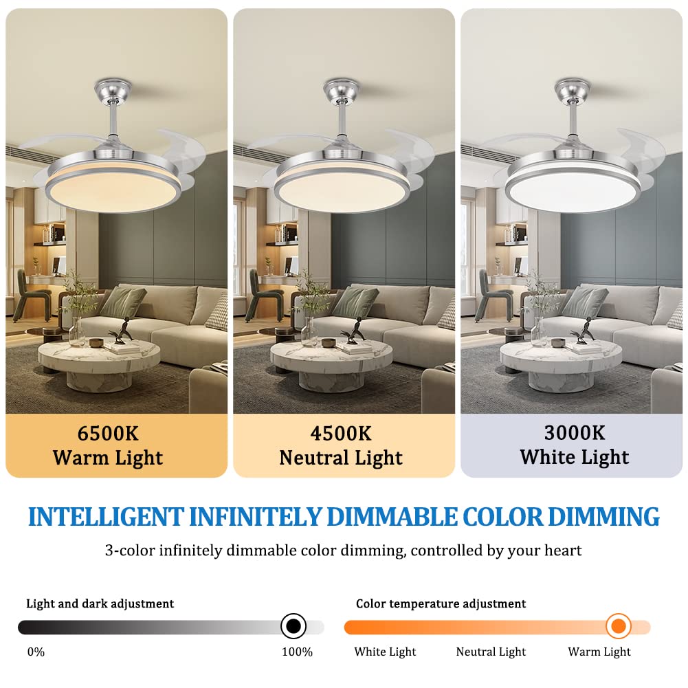 PDDL Home 42 Inch Fandelier Ceiling Fan Light with Remote Control, Retractable Fan Blade Chandelier Fan with Silent Motor
