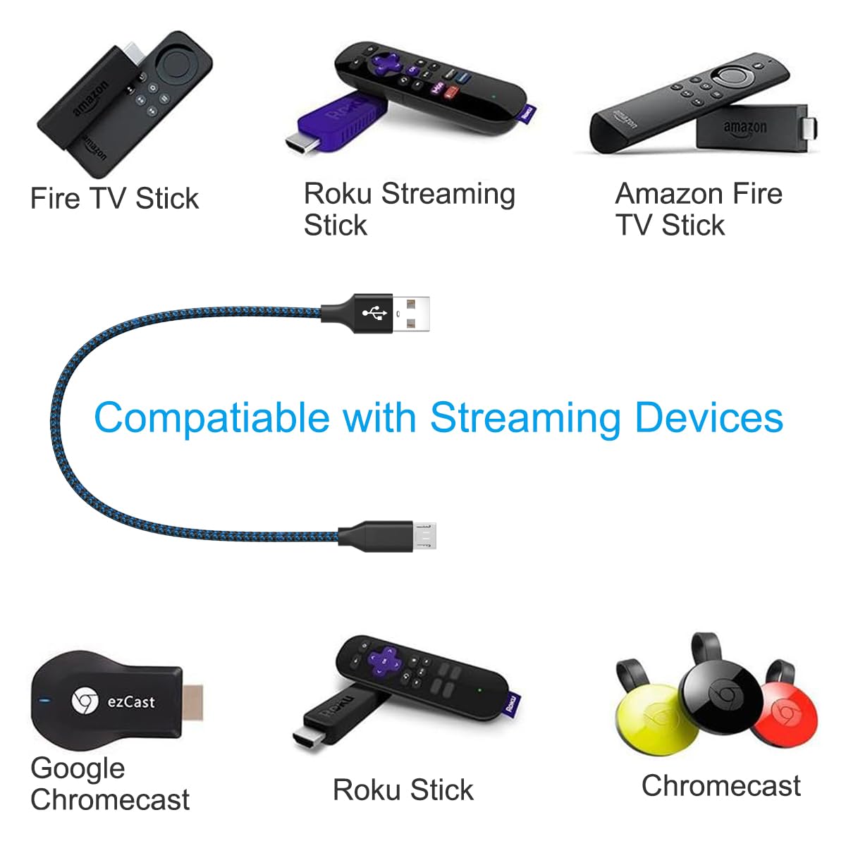 SCOVEE USB Power Cable for Fire Stick,Replacement Charger for Roku Streaming Stick,Express 4K,Premier,Micro USB Charging Cord for Chromecast,Short