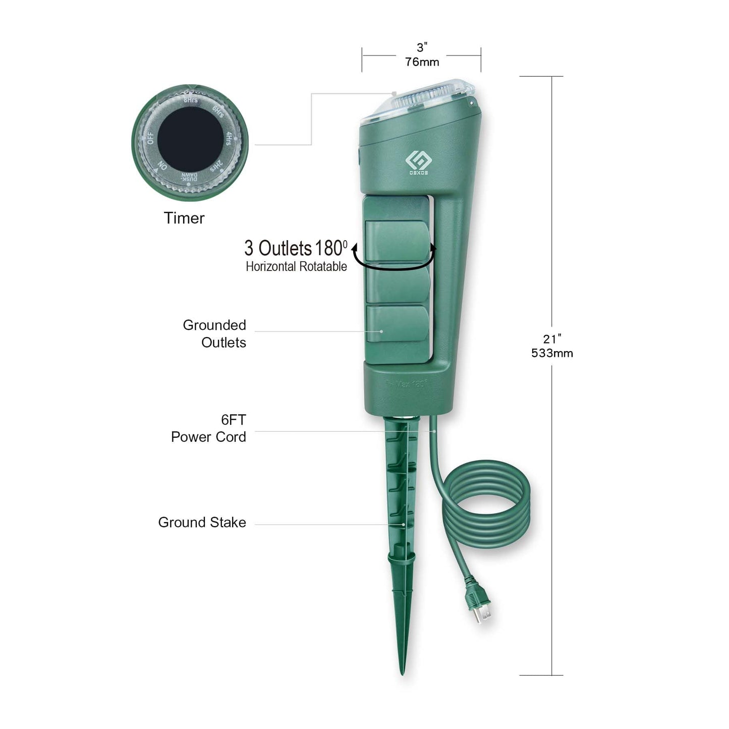 OSKOS Outdoor Power Stake, 3 Grounded Outlets with 180° Rotating Function and Safety Cover and Photocell Timer 2/4/6/8 Hour Countdown, Dusk to Dawn