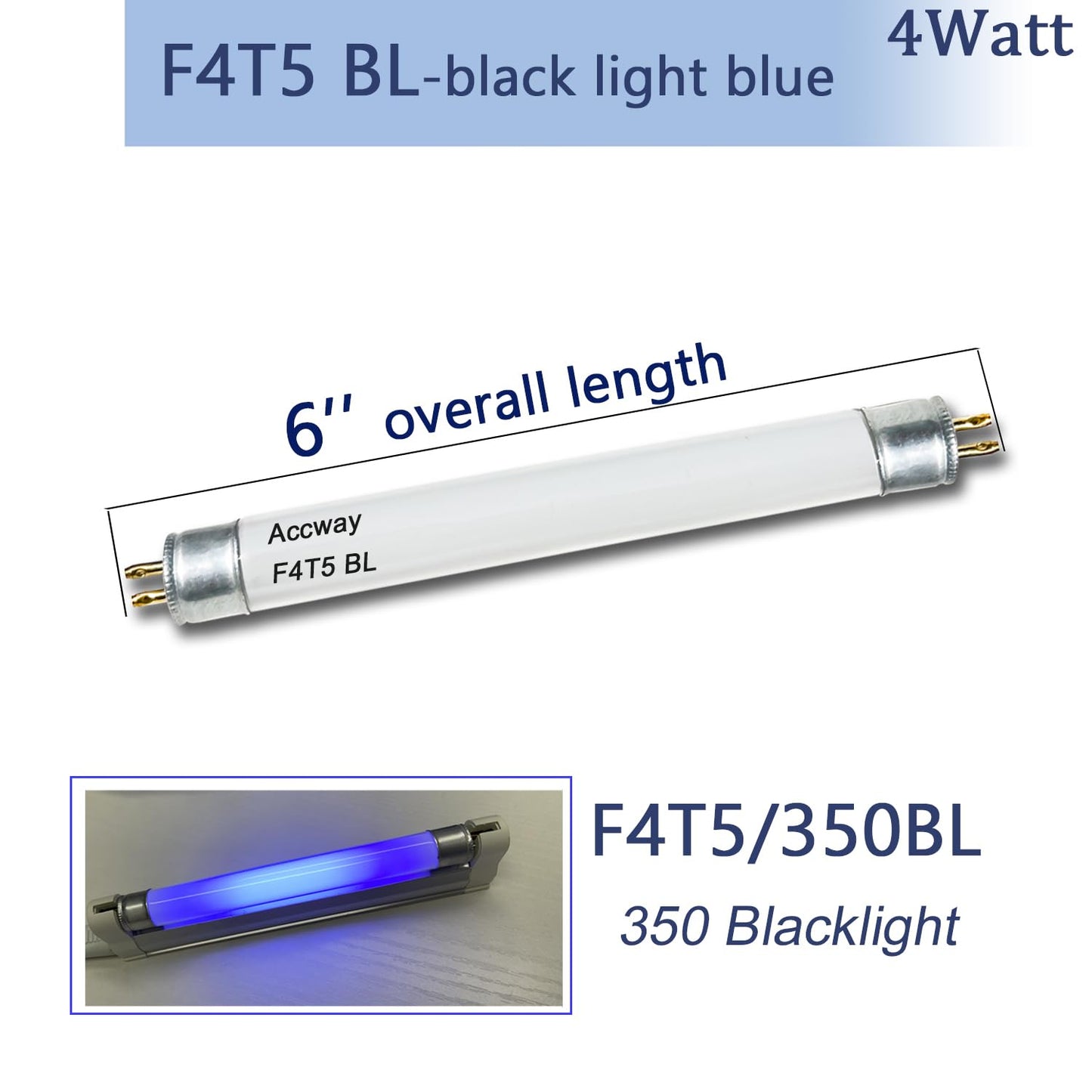 Accway 6'' F4T5/BL Fluorescent Bulb 4Watt 350BL,F4W Black Blue Light Lamp,FL4NL- T5 Linear Tube -G5 Mini Bi Pin Base (4pack)