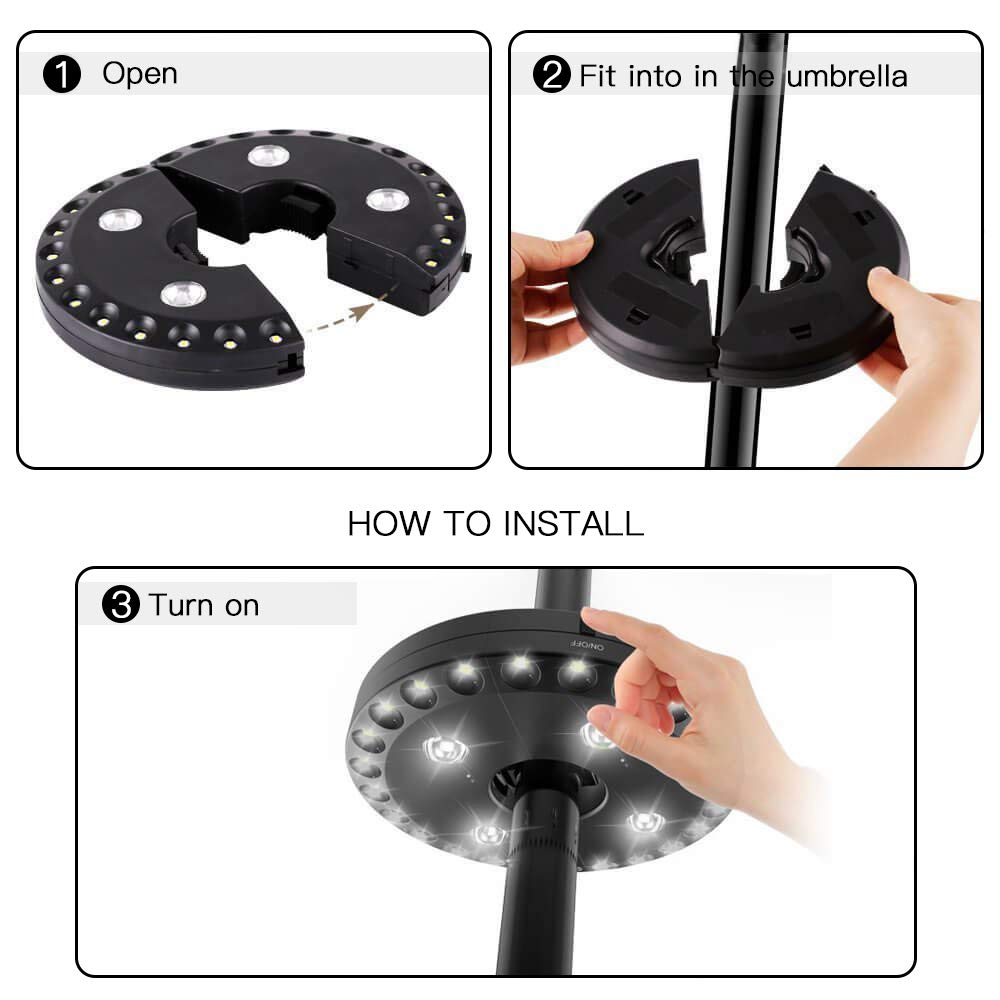 Patio Umbrella Light 3 Lighting Modes Cordless 28 LED Lights at 200 lux- 4 x AA Battery Operated for Patio Umbrellas, Camping Tents or Outdoor Use