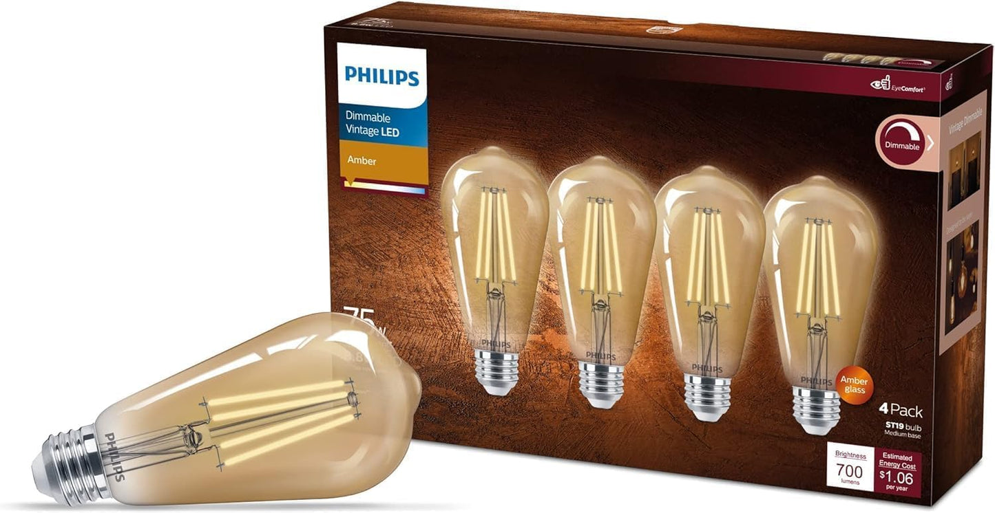PHILIPS LED 75W ST19 4-Pack Vintage Spiral Amber (2000K) 700 Lumen (8.8W = 75W) Dimmable Frosted Flicker-Free Light Bulbs