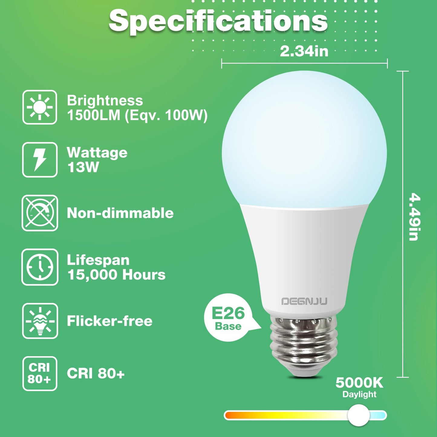 DEGNJU A19 LED Light Bulbs, 100 Watt Equivalent LED Bulbs, Daylight 5000K, 1500 Lumens, E26 Standard Base, Non-Dimmable, 13W Bright White LED Bulbs
