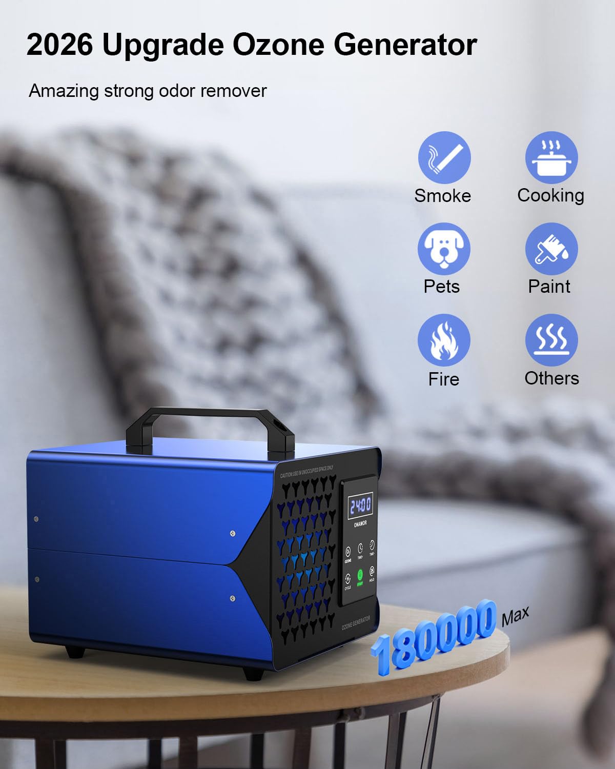 ONAMOR Digital Ozone Generator Odor Eliminator 180,000mg, High Capacity Ozone Machine Odor Removal Up to 8,000 Sq.Ft, Ionizer Deodorizer Ozonator