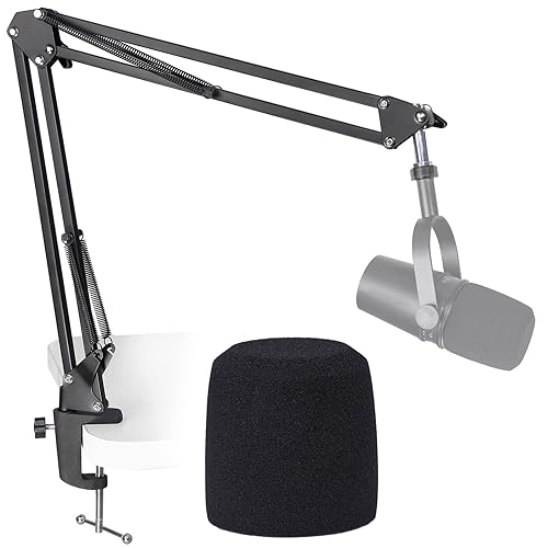 SUNMON MV7 Boom Arm Mic Stand with Pop Filter, Adjustable Suspension Boom Scissor Arm Stand with Pop Filter Compatible with MV7, MV7X adn SM7B