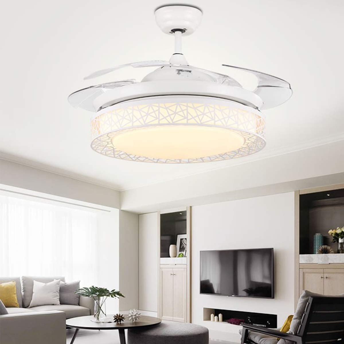 42" Retractable Ceiling Fan with Light, Modern Chandelier Ceiling Fan with Remote, Retractable Blades, 3 Color Light Dimmable Ceiling Fan and Light