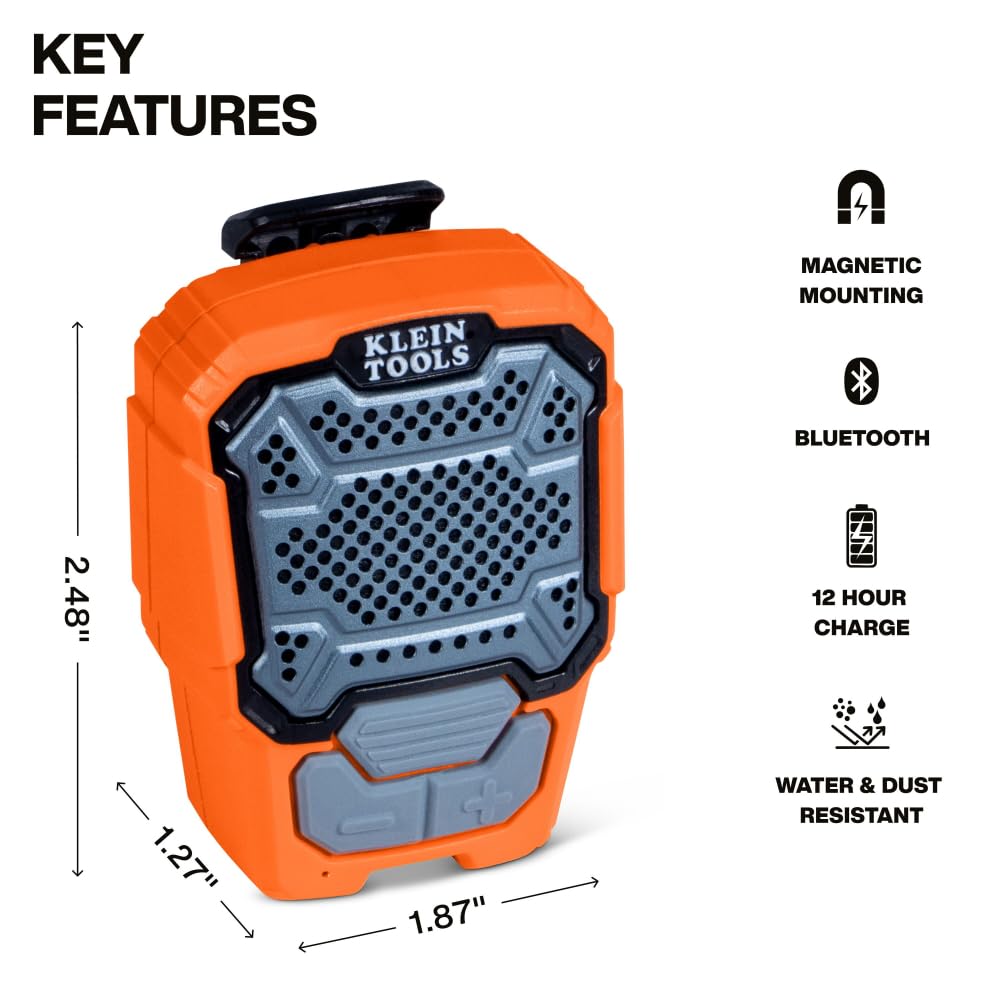 KLEIN TOOLS AEPWS1 Wearable Bluetooth Speaker, Built-in Mic for Hands-Free Music and Calls, Portable, Waterproof IP67, Magnetic and Clip-On Jobsite