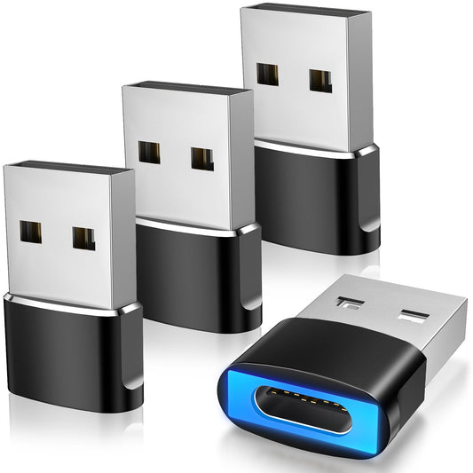 TiMOVO USB to USB C Adapter with LED Light, 4 Pack USB A Male to USB C Female Adapter 27W Fast Charging for iPhone 16e/16/15 Pro Max Plus, AirPods…