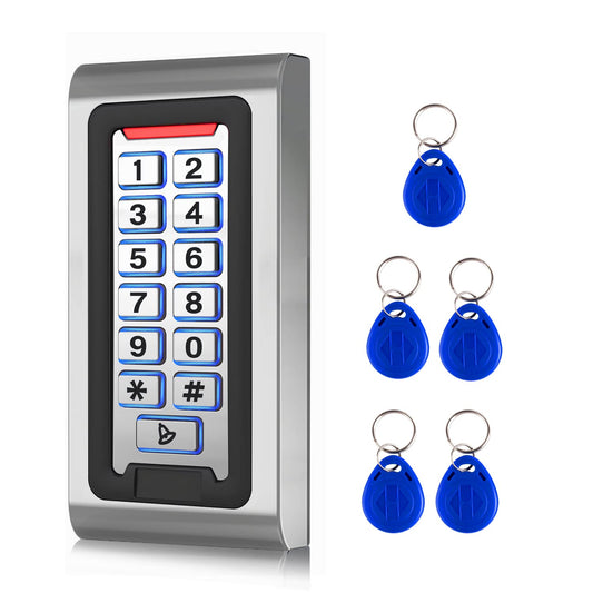 Door Access Control System Stand-Alone Password Keypad + 5PCS Proximity Keychains, Support 2000 Users Card Reader, Weatherproof, Backlight, Zinc Alloy
