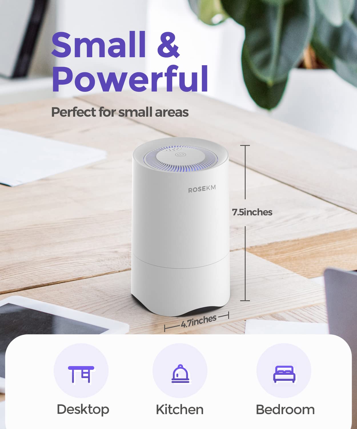 Rosekm Small Air Purifier for Home Bedroom, Personal Desk Mini Air Purifier, Room Hepa Air Purifier Fresheners Cleaner for Dorm, Pets, Smoke, Desktop