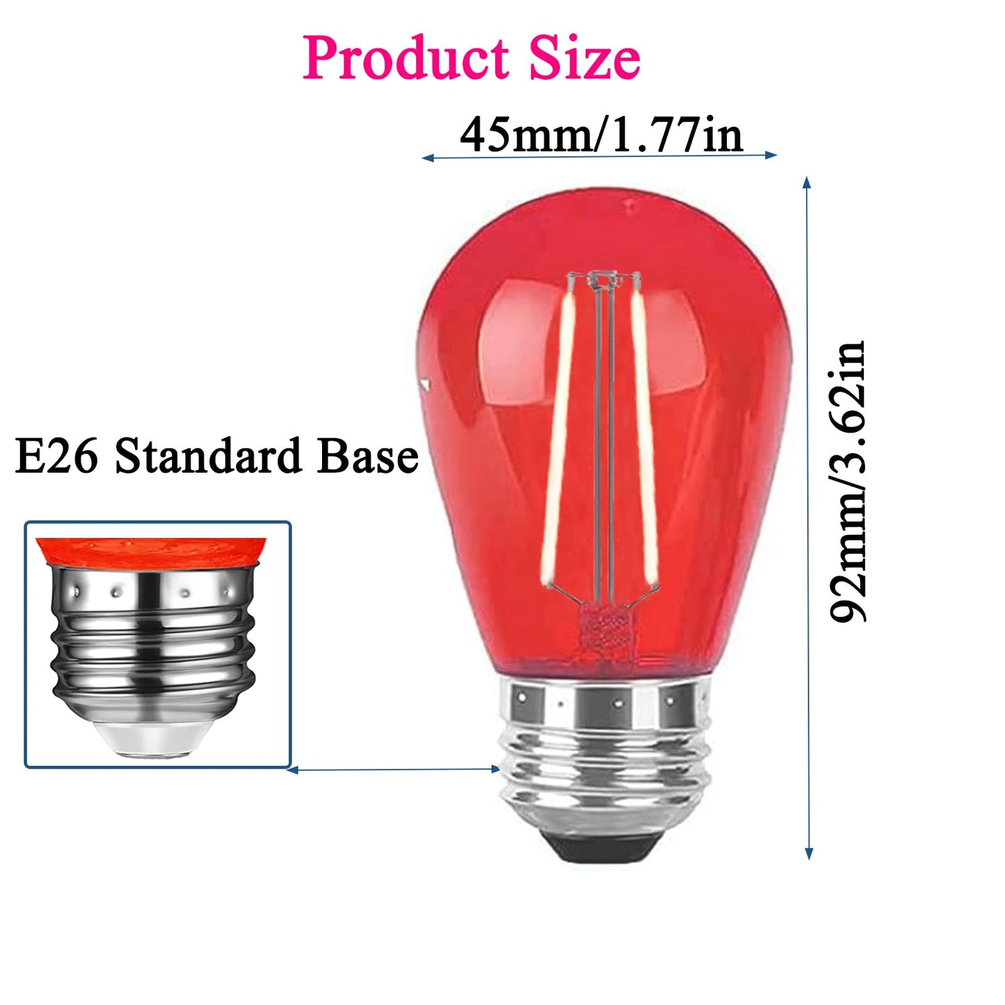 LRSUEYSKIN S14 Red LED Bulb Replacement LED Light Bulbs 2W Plastic Shatterproof Night Bulb E26 Base S14 String Light Waterproof Vintage Bulb