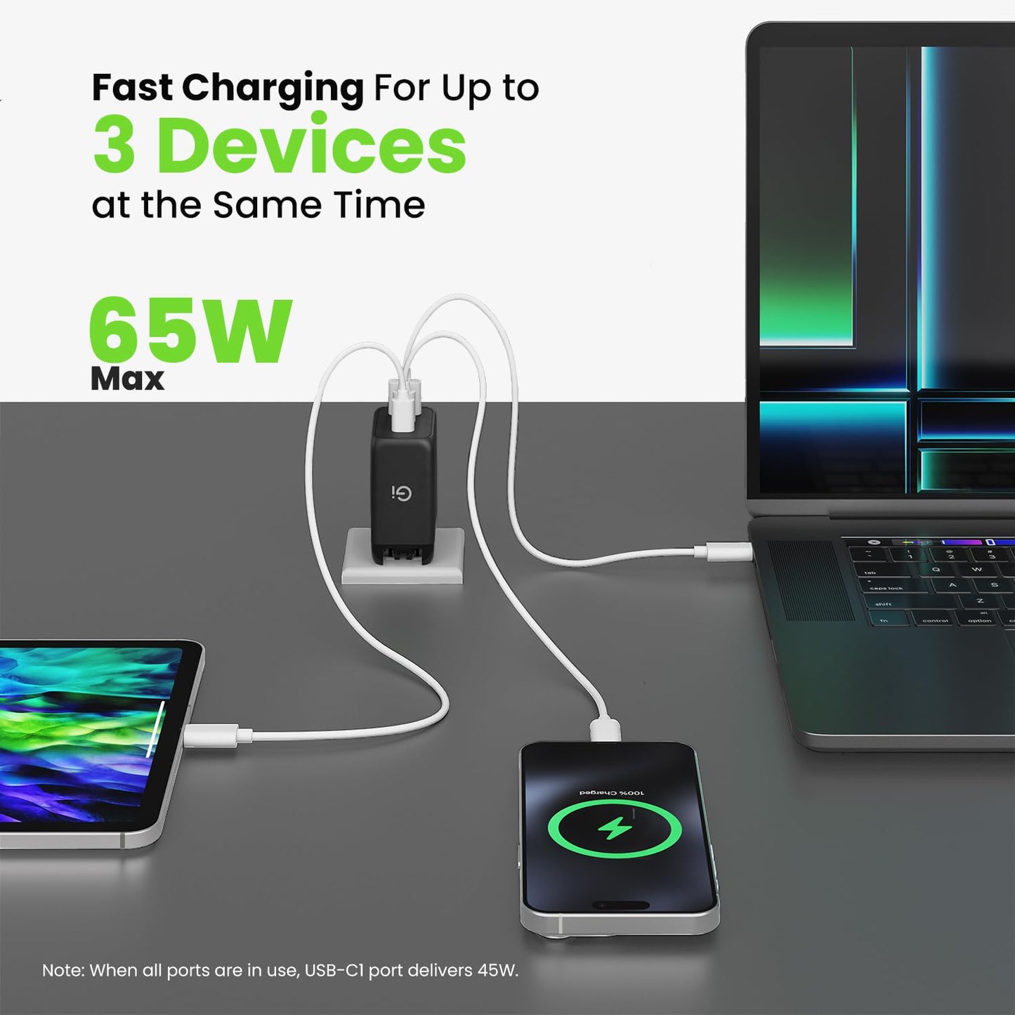 GEARit USB C Charger Block, 65W 3-Port Fast Charging Adapter, Compact Foldable PD Charger, Compatible with MacBook Pro/Air, iPad, iPhone 17/16/15/14