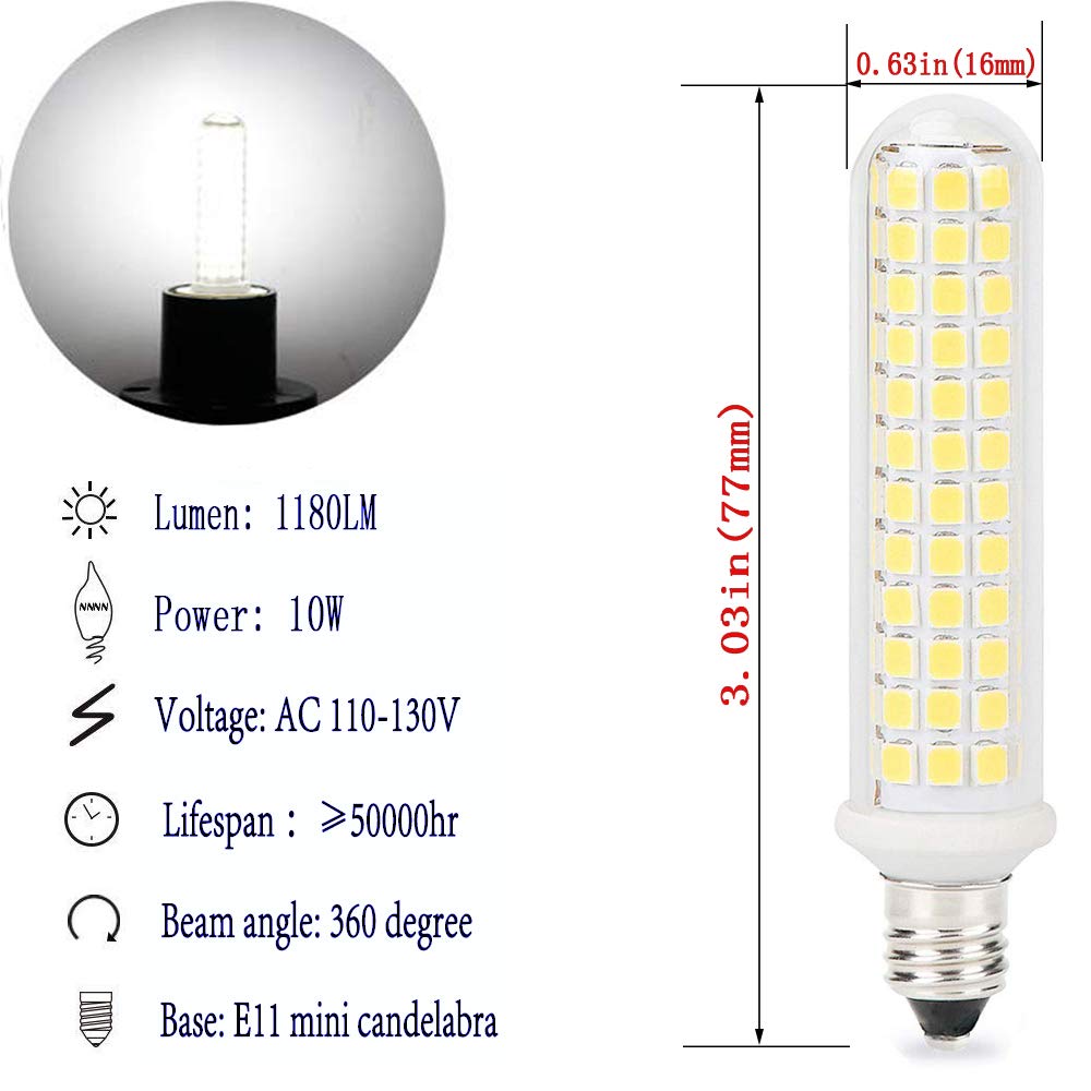 E11 Led Bulbs,100W 120W Halogen Bulb Equivalent,Dimmable,10W,1100LM,JD T4 e11 Mini Candelabra Base,AC110V/130V,E11 Led White 6000k(4 Packs)