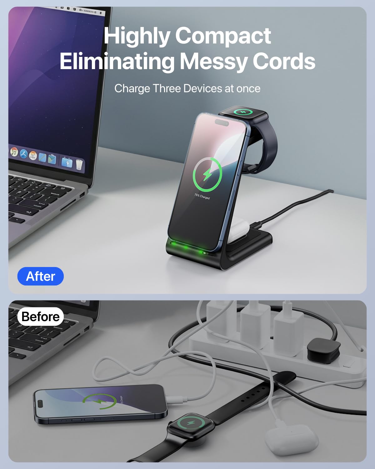 Intoval 3 in 1 Wireless Charging Station for iPhone and Apple Watch,Fast Wireless Charger Stand,Compact Desk Charging Dock for iPhone17 16 15 14