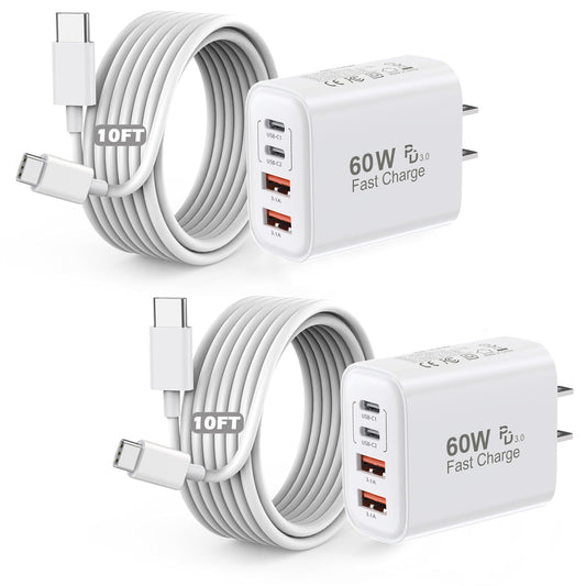 iPhone 17 Charger Fast Charging,2Pack 60W Multiport Power Adapter 4-Port USB-C USB-A iPhone Charger Block with 10FT USB C to C Charger Cable Cord