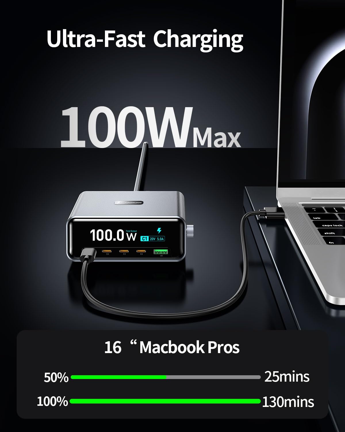 100W 5-Port GaN USB C Charging Station with LCD Smart Display & Control Knob, Desktop Fast Charger for Multiple Devices, Compatible with MacBook