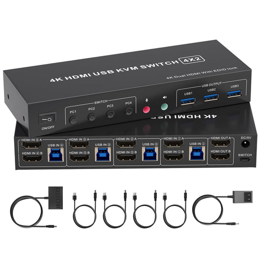 4K HDMI KVM Switch 2 Monitors 4 Computers, Dual Monitor and 2 HDMI USB 3.0 KVM Switches 4K@60Hz,Support Extended/Mirror Mode Share 3 USB 3.0 Ports