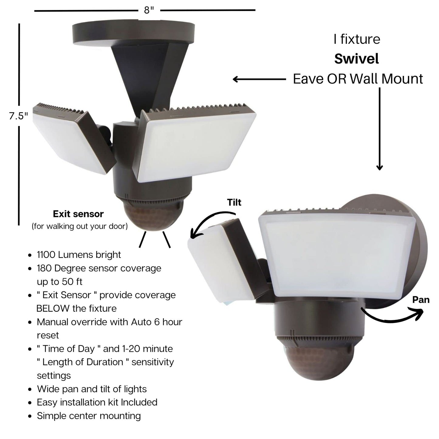 IQ America LED Outdoor Motion Sensor Security Floodlight - 1100 Lumens, 180° Detection, Weatherproof Design, Versatile Eave or Wall Mounting, Exit