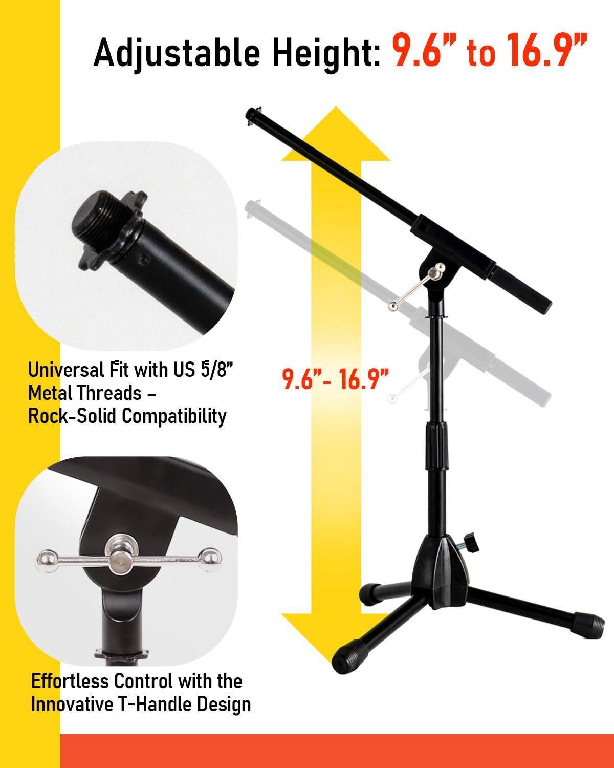Stage Rocker Foldable Tripod Low-Profile Mic Boom Stand - Height Extending from 9.6'' to 16.9'', w/Adjustable Telescoping Arm Up to 9''