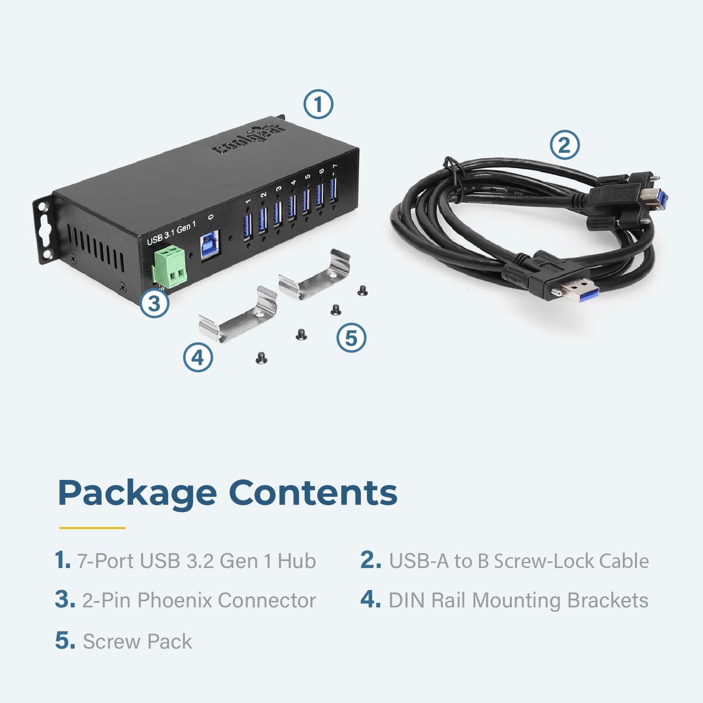 Industrial 7-Port USB 3.2 Hub with Screw-Locking Ports, 5Gbps Speeds, and Surge Protection