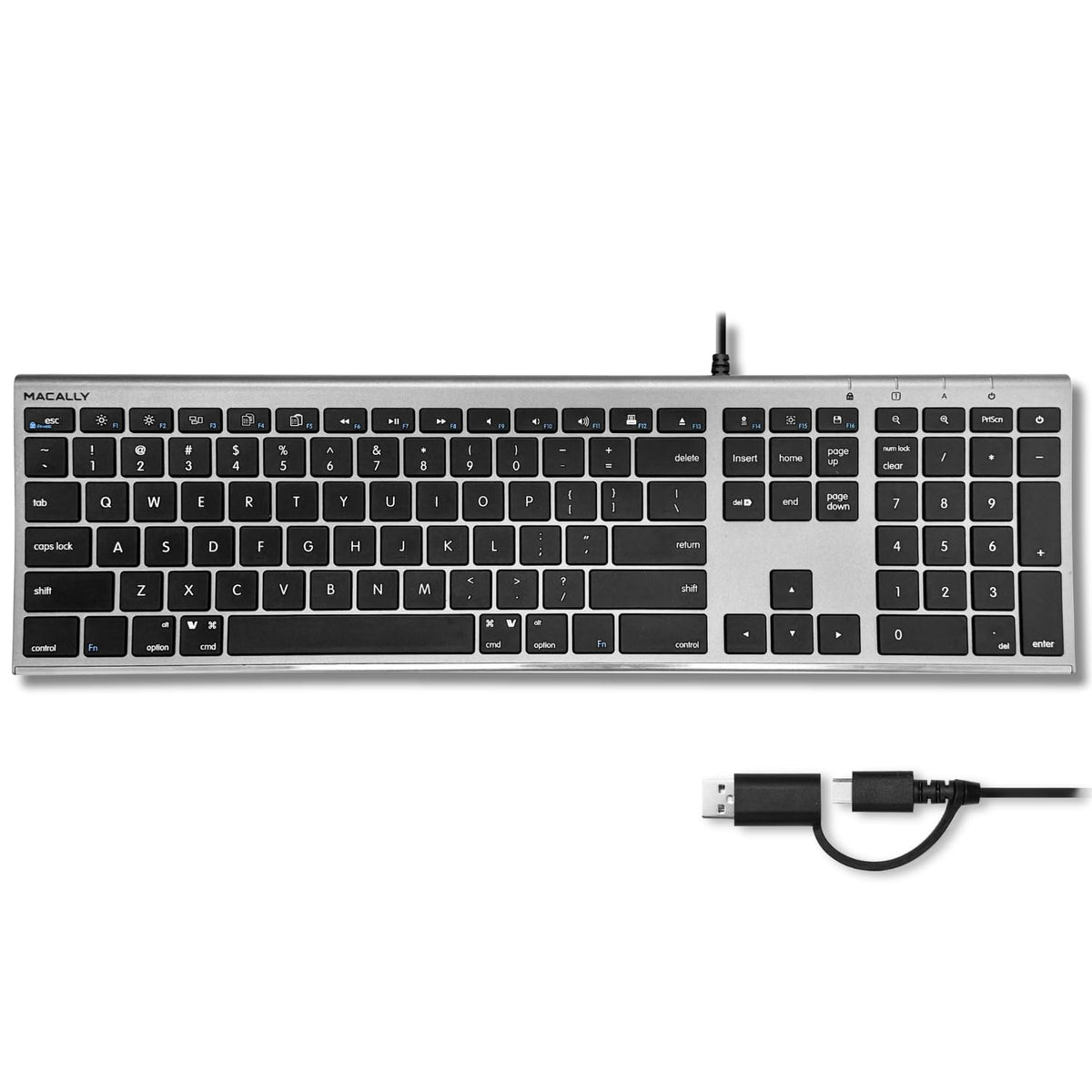 Macally Wired Keyboard for Mac (Upgraded Dual USB A + C Plug) - USB C Keyboard - Ultra Slim, 20 Shortcuts, 110 Scissor Keys - Compatible with Apple