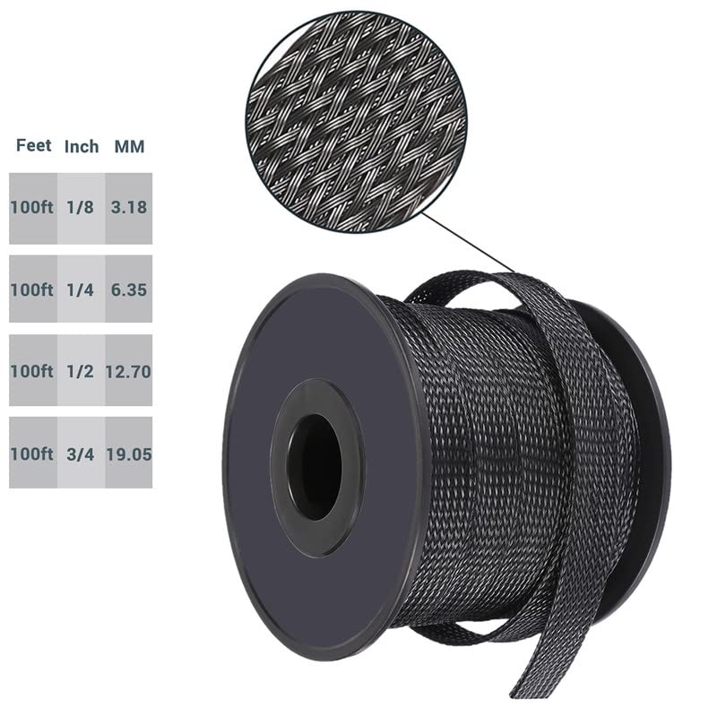 PET Expandable Braided Sleeving Wire Loom 1/8 Inch Cable Wrap Cable Sleeve Wire Protector Sleeve Tubing 100Feet, Black