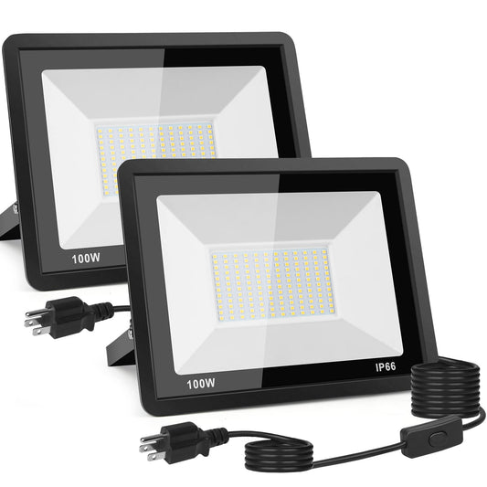 2-Pack 100W LED Flood Light Outdoor, 10000LM Bright Plug-in Flood Lights with Switch, IP66 Waterproof Exterior Security Lights, LED Work Light