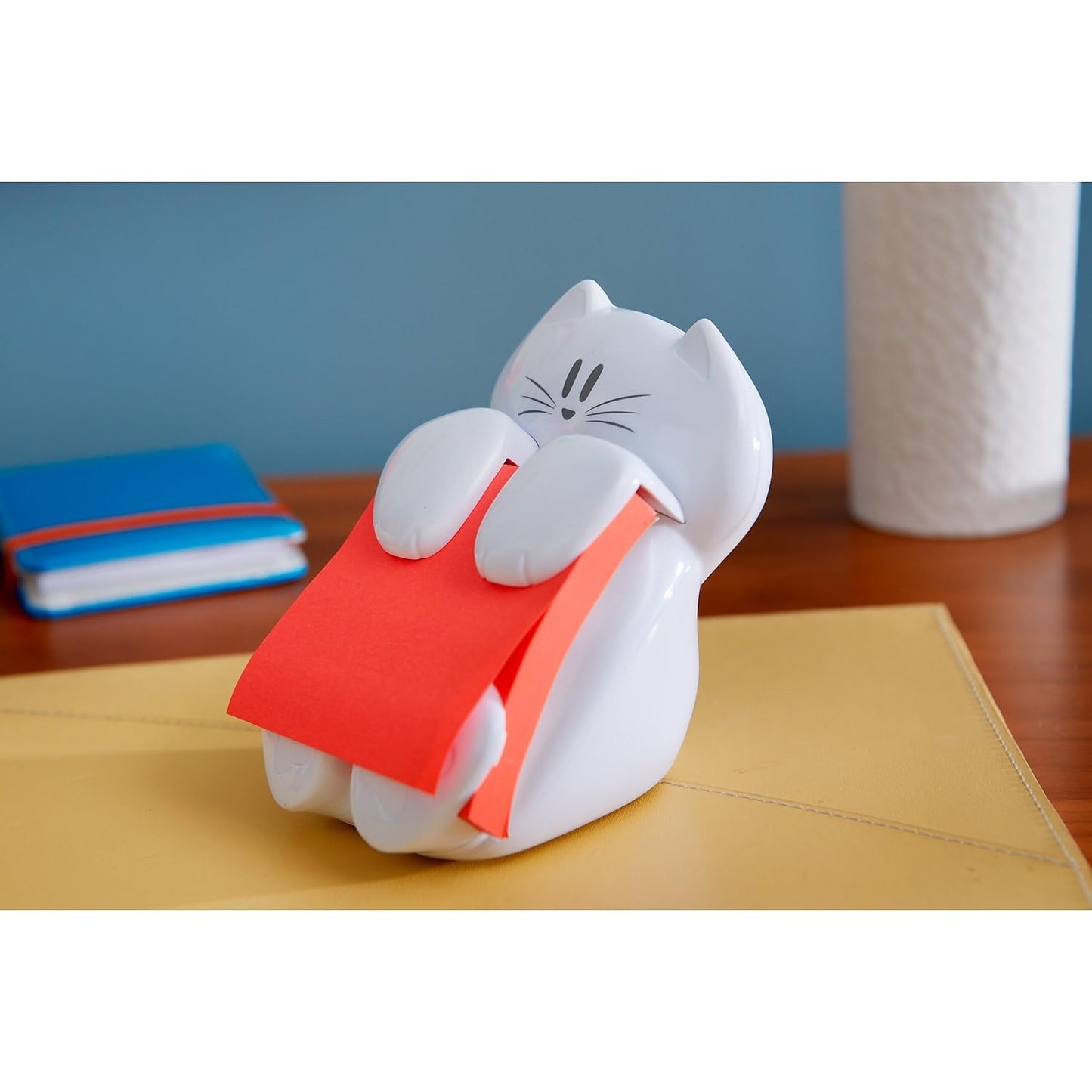 Post-it Dispenser, Sticky Note Holder, White Cat Design, Includes 45 Pop-Up Sheets of 3 in x 3 in Pink, Sticky Notes Holder for Desk, Classroom or