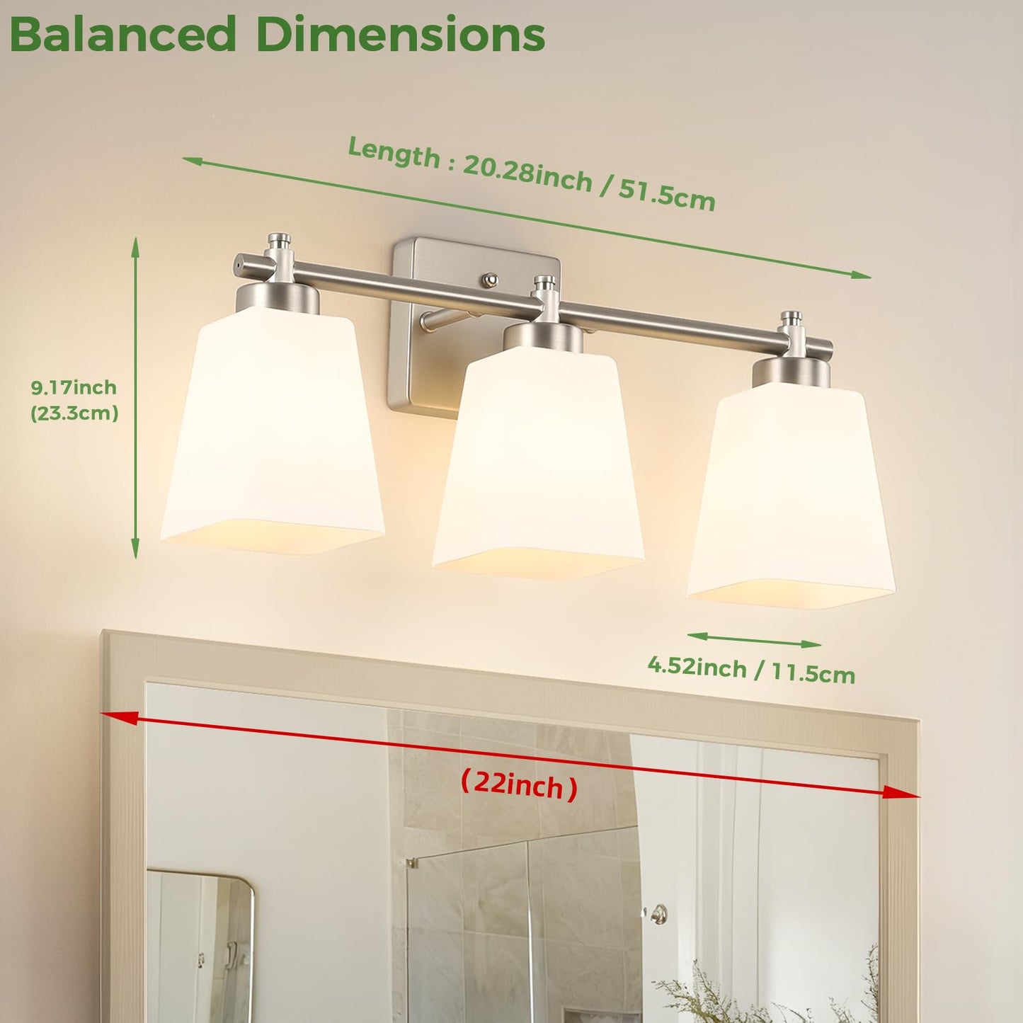 ECOBRT 3-Light Modern Bathroom Vanity Light, Wall Sconce Over Mirror with Milky White Frosted Glass Shades, E26 Socket (Bulbs Not Included)