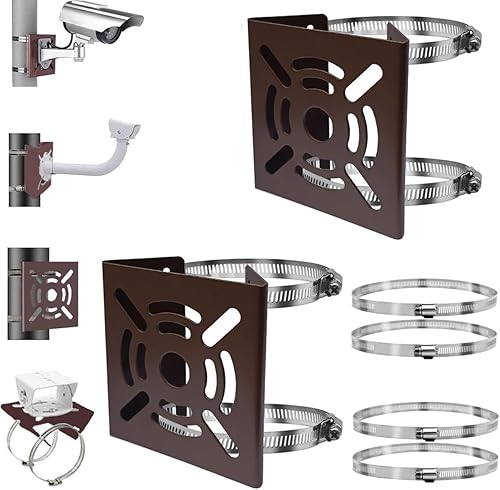 Universal Vertical Pole Mount Adapter with 2 Loops Brown Stainless Steel Wall Mounting Bracket for CCTV Security Camera Ptz Dome Indoor Outdoor AP