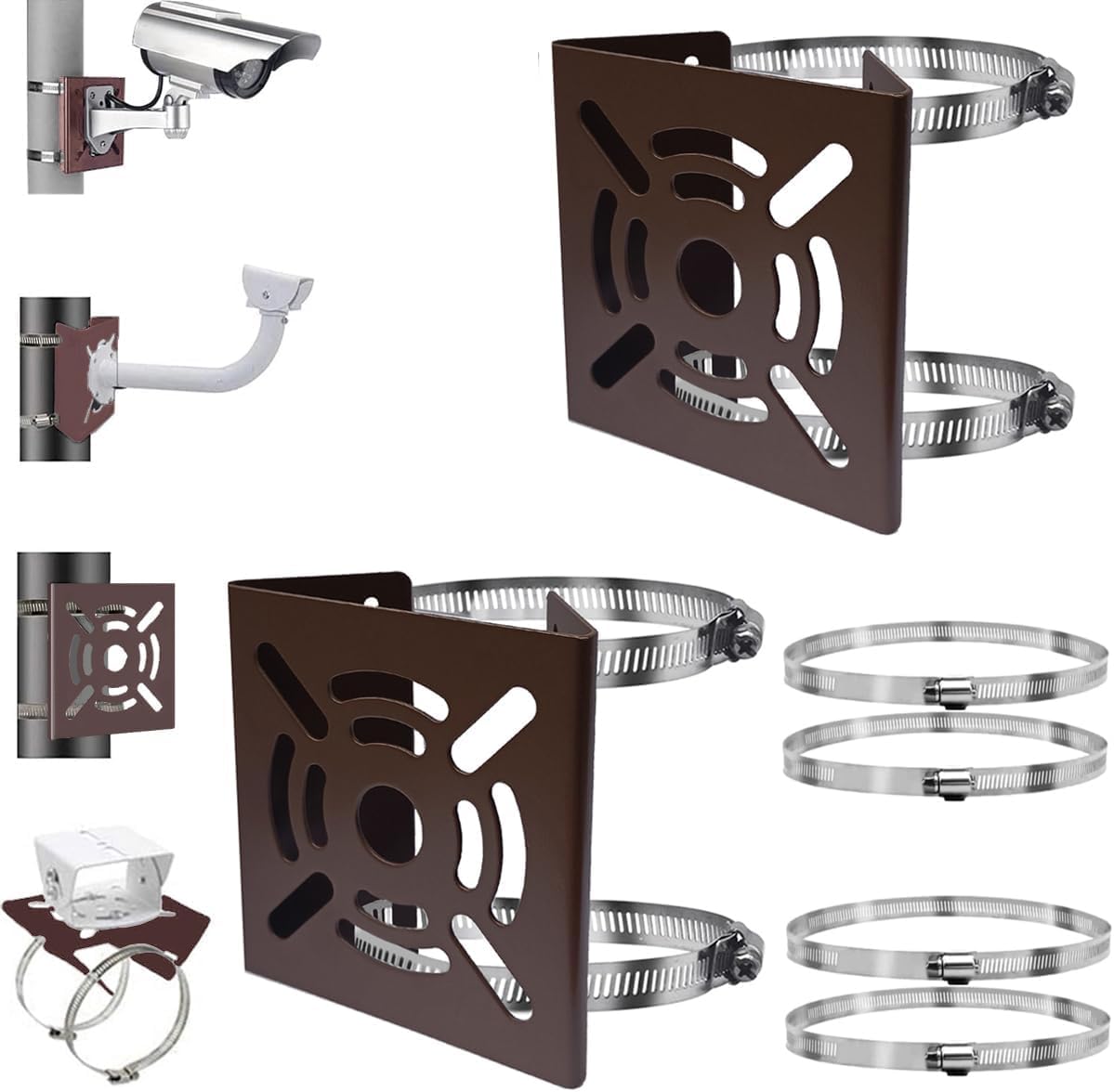 Universal Vertical Pole Mount Adapter with 2 Loops Brown Stainless Steel Wall Mounting Bracket for CCTV Security Camera Ptz Dome Indoor Outdoor AP