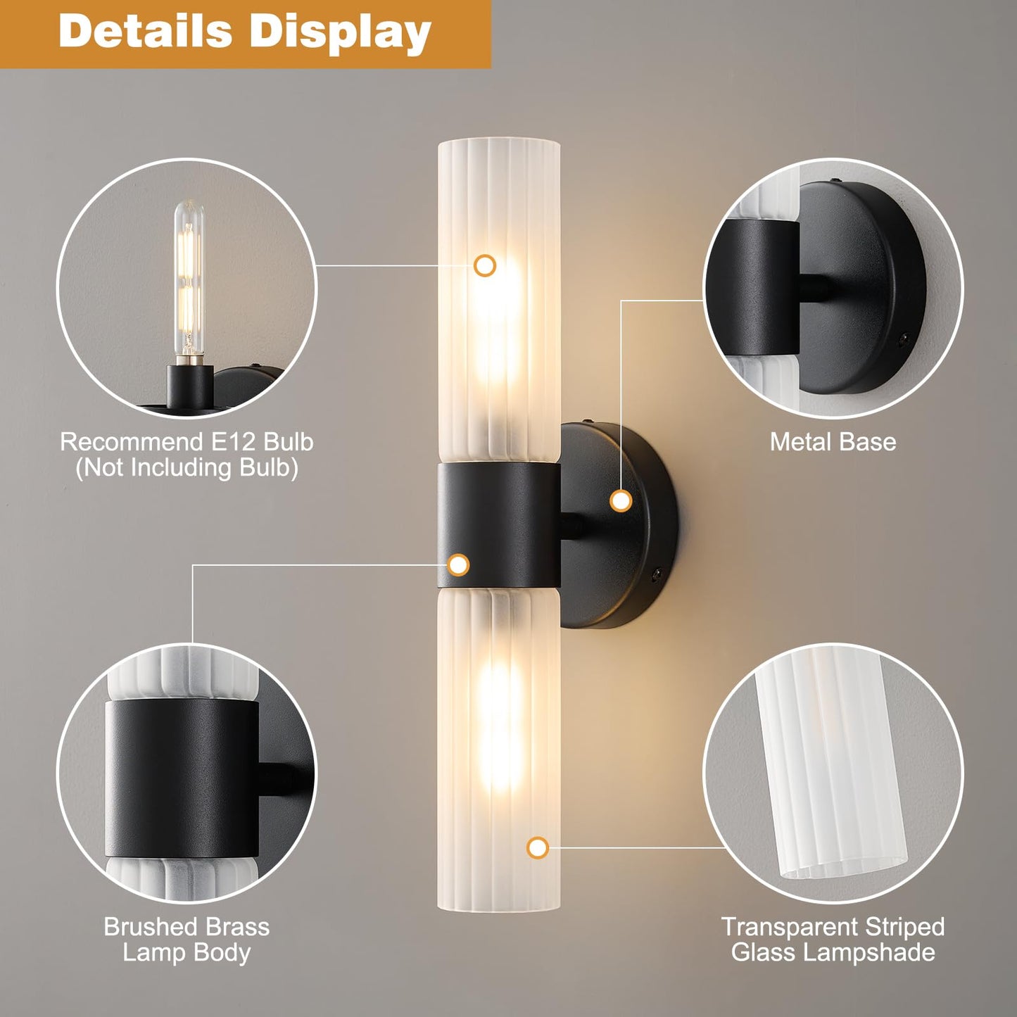 Timeweave Bathroom Light Fixtures 2-Light, Modern Vanity Light for Bathroom, Wall Sconce with Frosted Glass Rods Shades, Hardwired Wall Light Fixtures