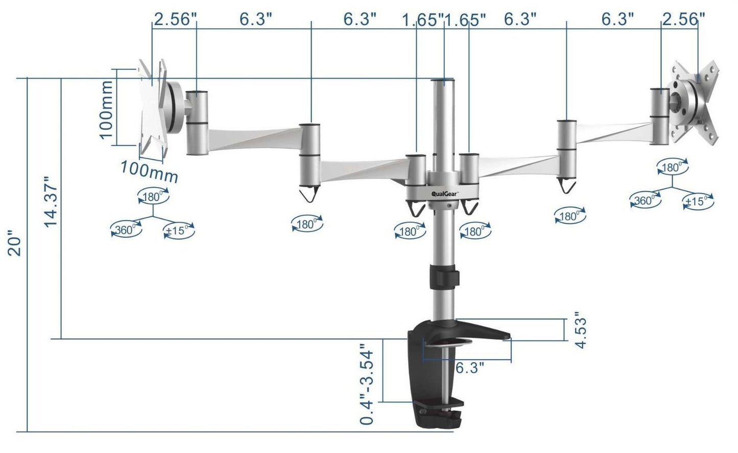 QualGear Qg-Dm-02-016 3 Way Articulating Dual Desk Mount for 13-27 Inches Flatpanel Monitors, Silver