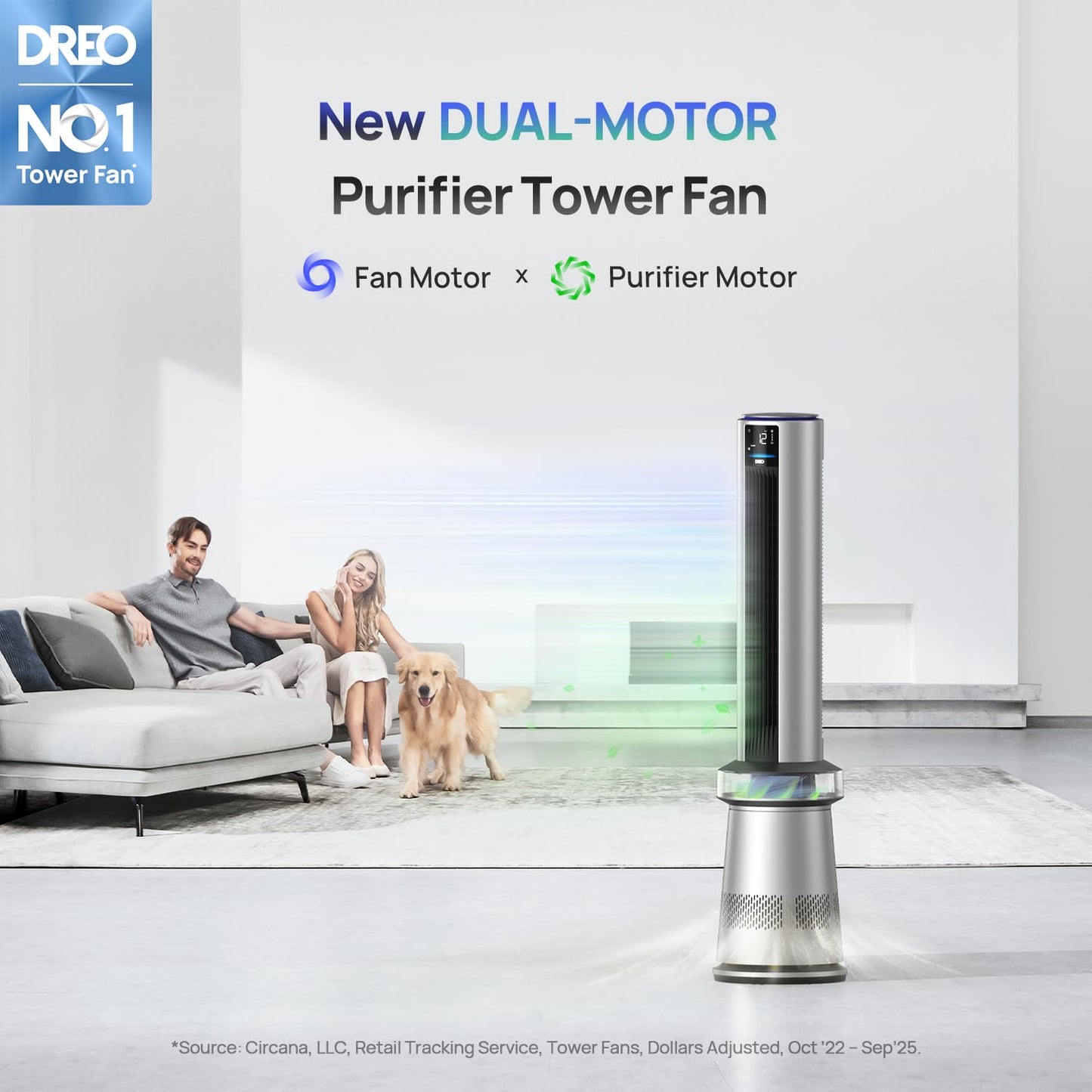 DREO MC710S Air Purifier Tower Fan, 45" 2-in-1 Smart Fan for Bedroom
