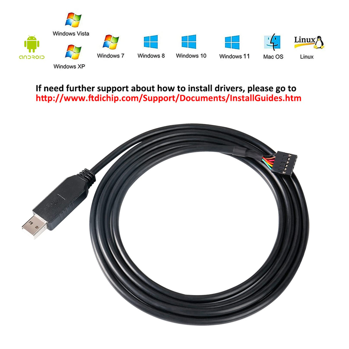 DTECH USB to TTL Serial 5V Adapter Cable with FTDI FT232RL Chip 6 Pin 0.1 inch Pitch Female Socket Header UART IC Windows 11 10 8 7 Linux MAC OS (6ft