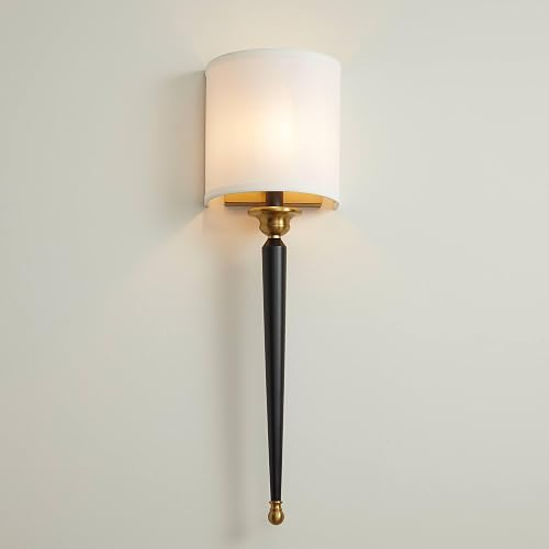 Possini Euro Design Arletta Modern Wall Sconce Lighting Black Brass Metal Hardwired 7 1/2" Wide Fixture Off-White Linen Shade for Bedroom Bedside
