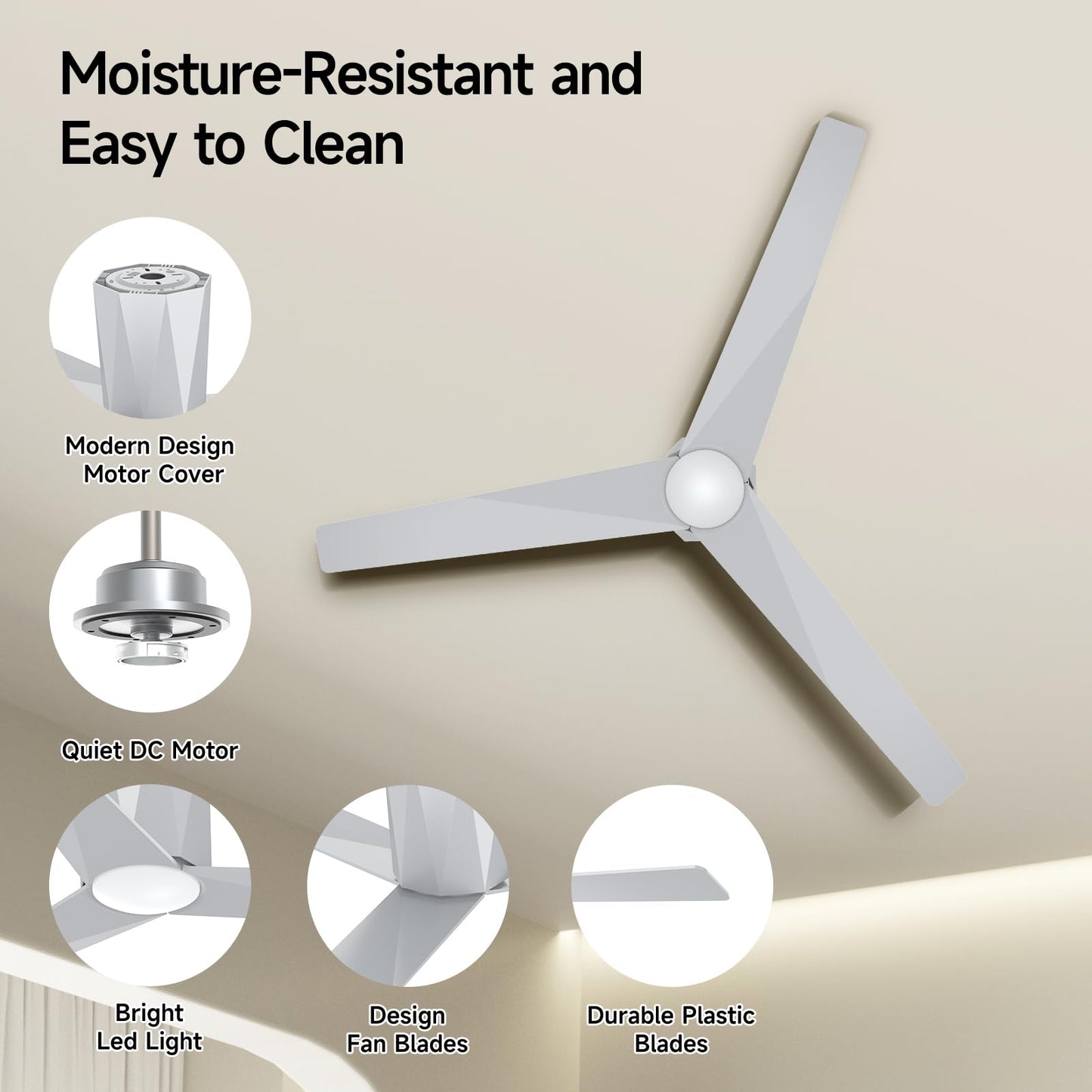 Roomratv 52 Inch Modern Silver Finished Ceiling Fans with Dimmable Led Lights, Flush Mount Ceiling Fan with Remote Control, Quiet DC Reversible Motor