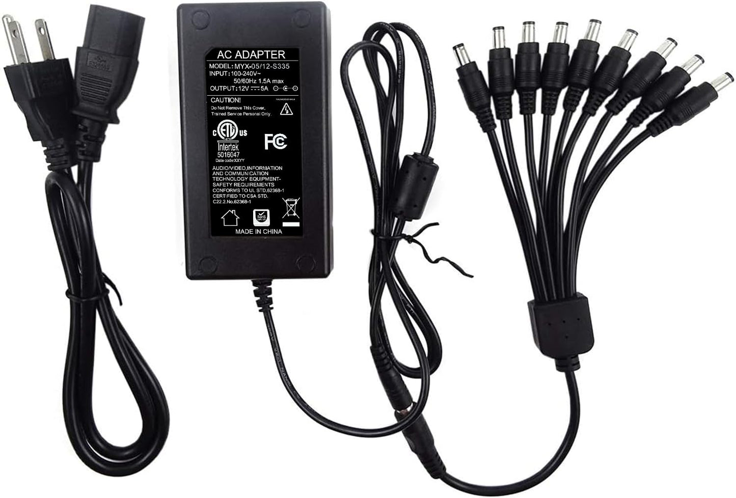 TIGERSECU Security Camera Power Adapter with 9-Way Power Splitter, 12V 5A 100V-240V 2.1x5.5mm Power Supply, Compatible with Lorex, Samsung, Q-See