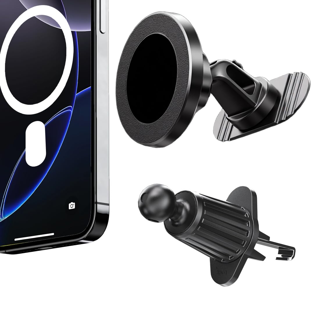 RayLink Strong & Short for MagSafe Car Mount: 3-Way Mount (Windshield/Vent/Dashboard) - 360° Swivel Magnetic Holder, 38 lbs Hold for iPhone