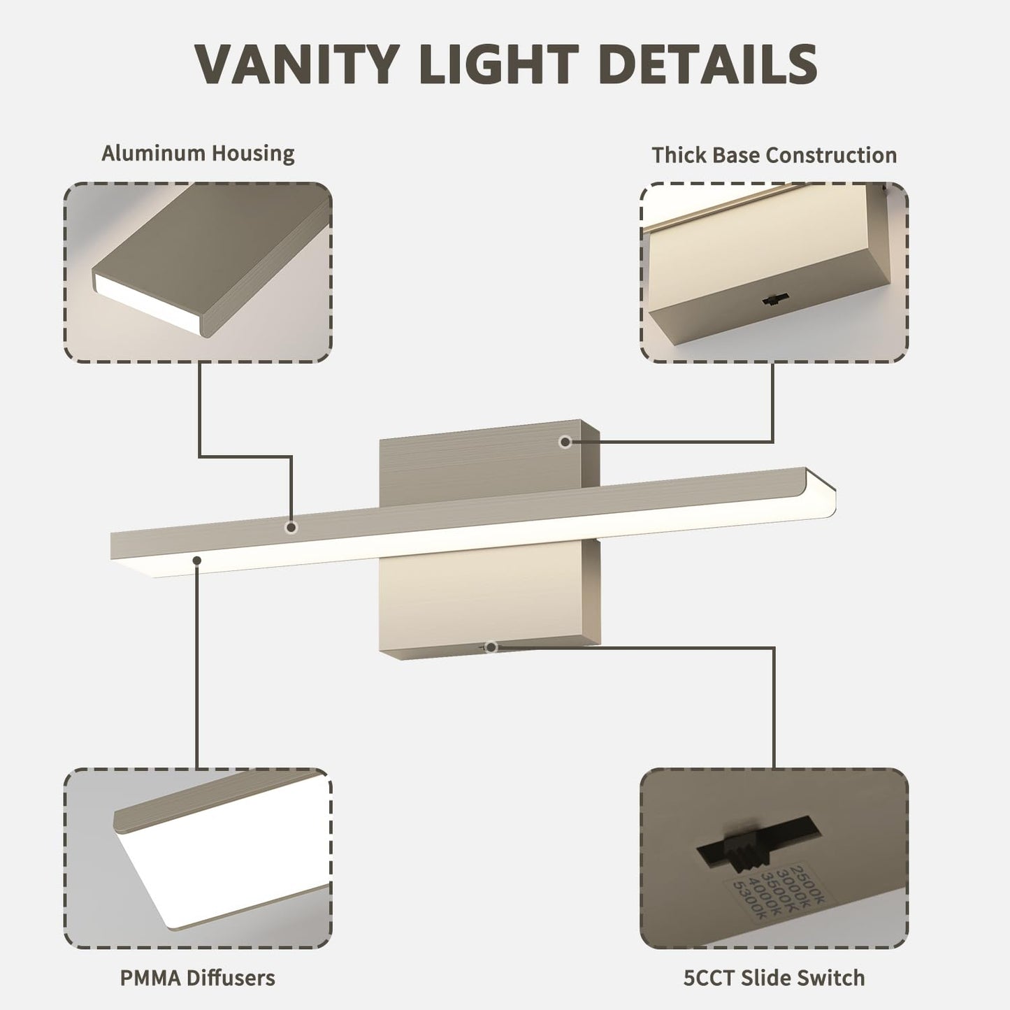 JUSHENG Brushed Nickel Modern LED Vanity Lights for Bathroom Light Fixtures, 16 Inch 16W 5CCT Dimmable Vanity Light Bar Bathroom Lighting, ETL