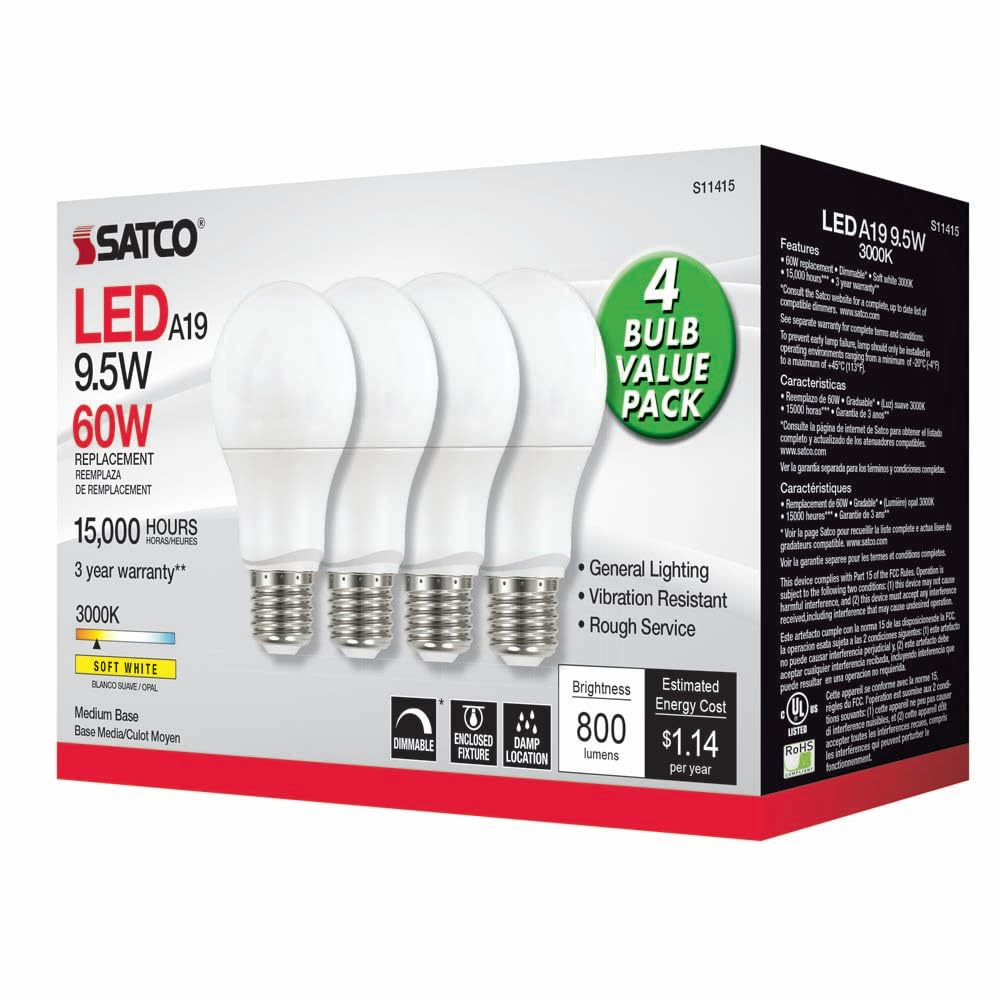 Satco 4.17 Inch 9.5W A19 LED Medium Base Replacement Lamp (Pack of 4)-3000 Color Temperature-Frosted Finish