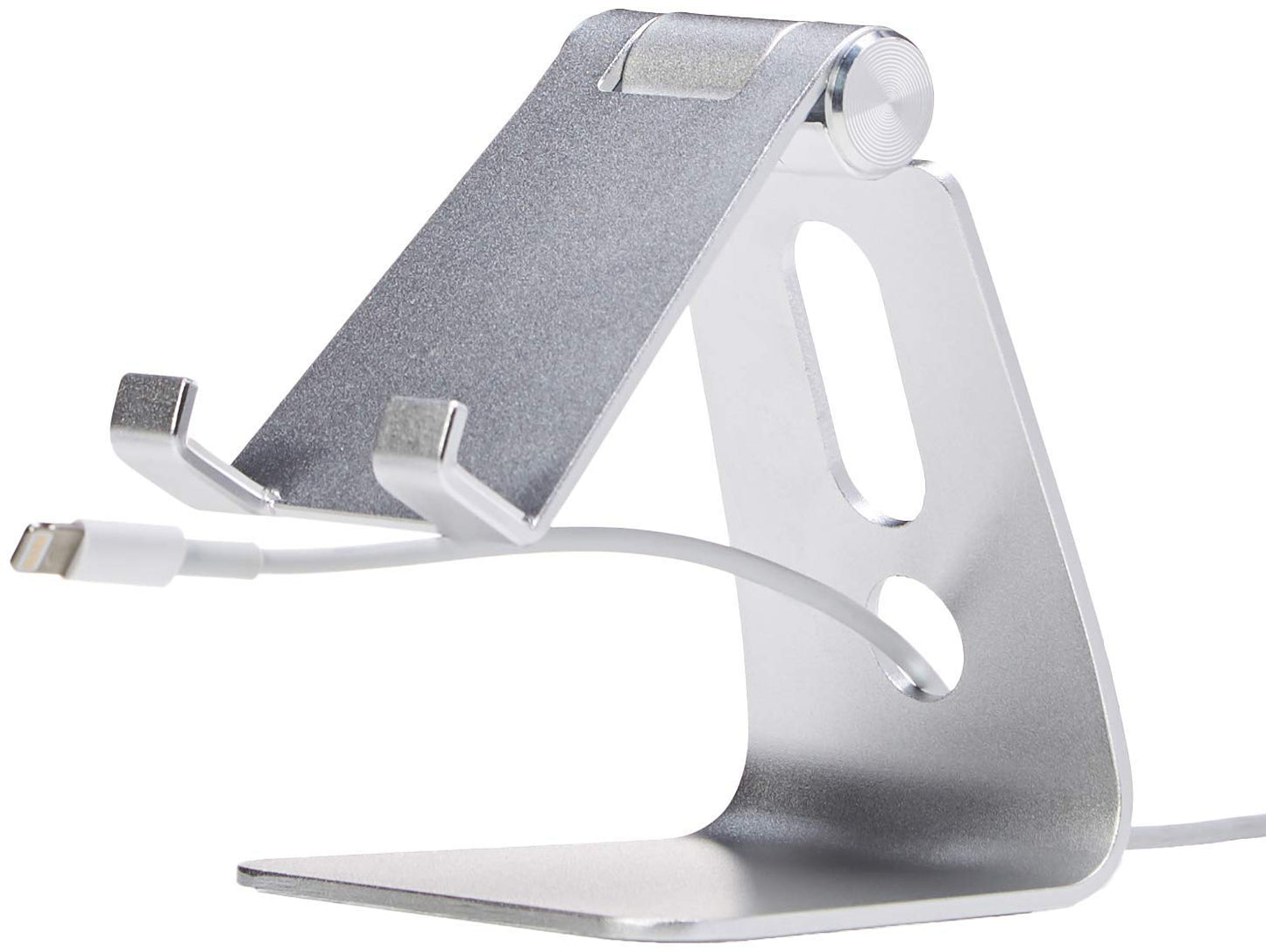 Amazon Basics Adjustable Aluminum Phone Stand for Cell Phones, iPhone and Android, Desktop Phone Holder with Adjustable Angle, Hands-Free Viewing