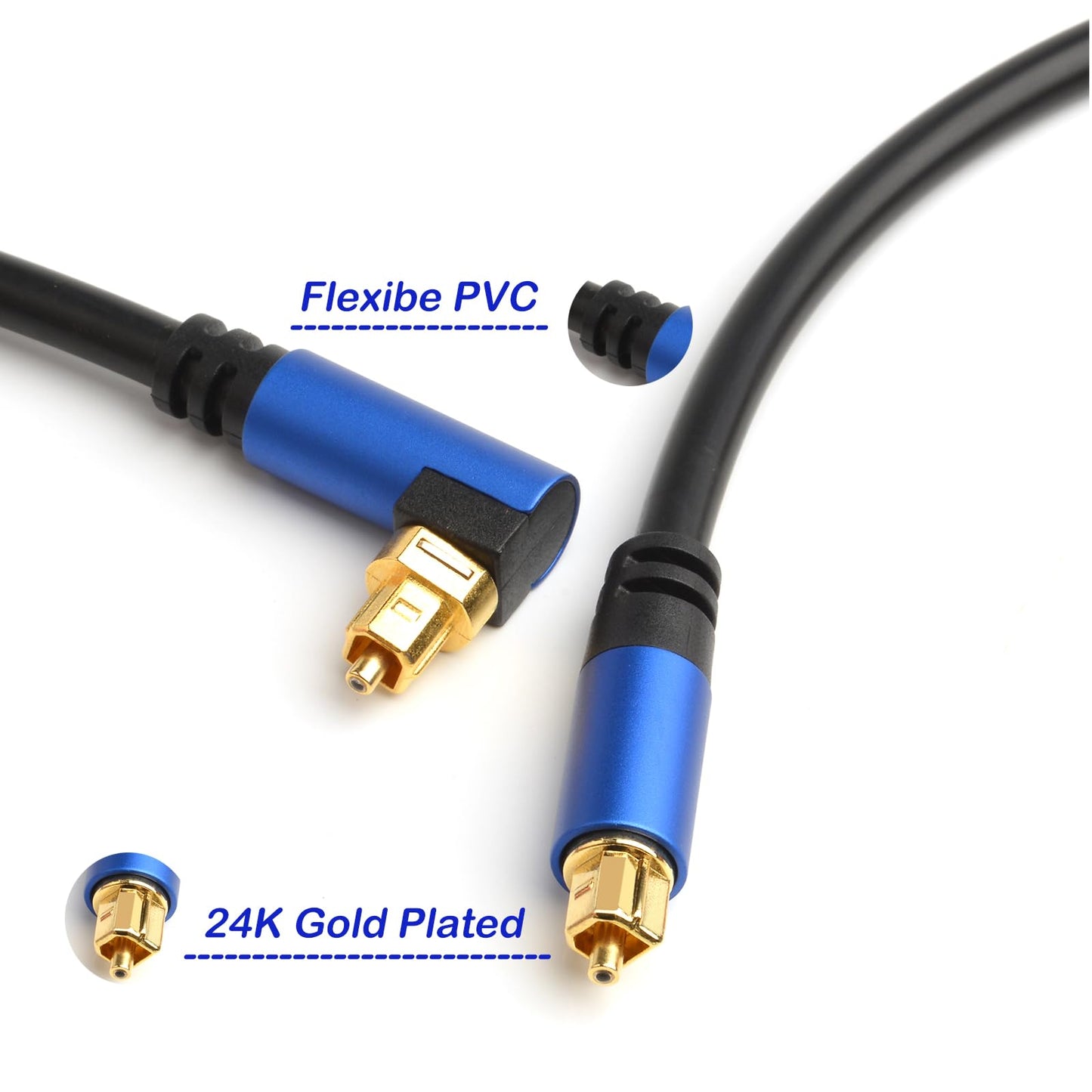 90 Degree 360 Degree Free-Rotating Plug Toslink Cable Digital Fiber Optic Audio Cable for TV, Home Theater, Projector, Stereo System, Active Speaker