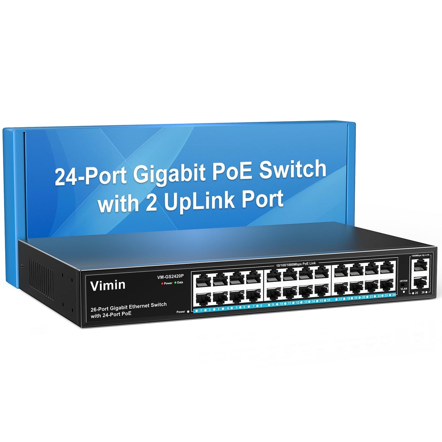 24 Port Gigabit PoE Switch with 2 Uplink Gigabit Ports, VIMIN 26 Port Unmanaged PoE Ethernet Switch with 320W Power, Support IEEE802.3af/at, VLAN