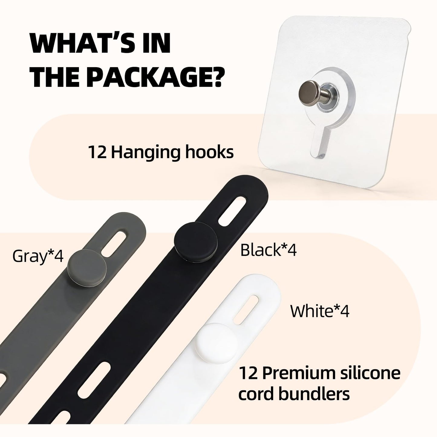 Hanging Cable Organizer System with Self Adhesive Hooks - Silicone Cord Ties for Kitchen Appliances, Power Tools, Computer Cords & Phone Chargers