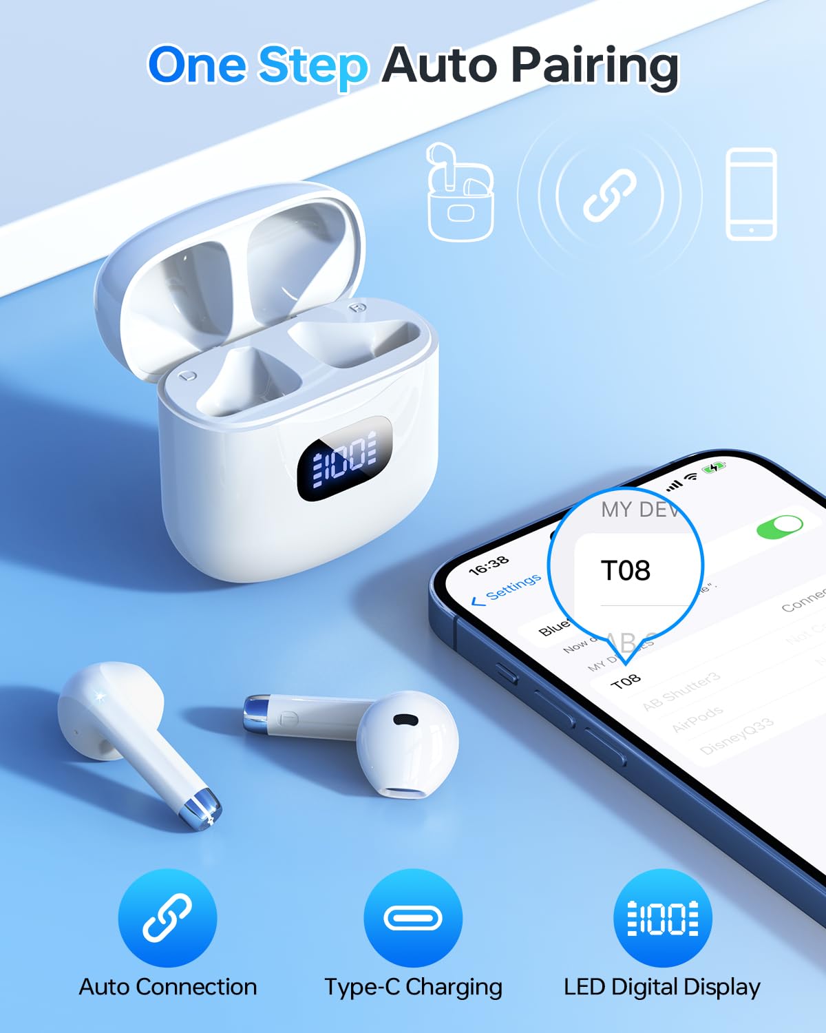 KTGEE Wireless Earbuds Bluetooth 5.3 Headphones, 40Hrs Playback Stereo Ear Buds with LED Display Charging Case IPX7 Waterproof in-Ear Earphones