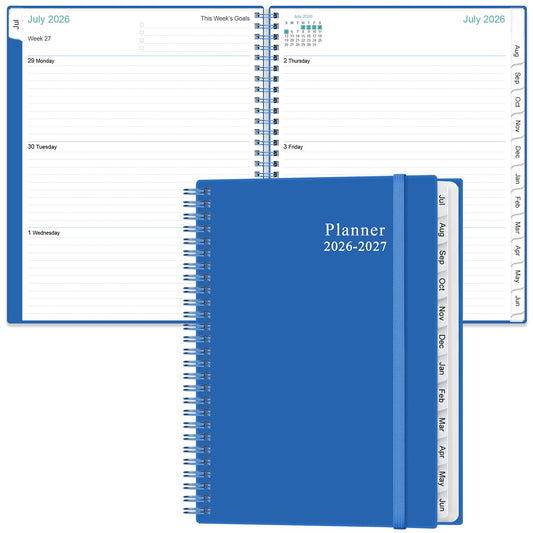 2026-2027 Planner - Planner 2026-2027 from July 2026 to June 2027 with 12 Monthly Tabs, Flexible Cover, Inner Pocket, 8.5" x 11", Blue
