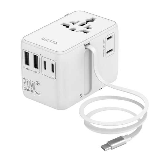 DILTEX 70W Charger with USB-C & USB-A Multiple Ports - Travel Adapter Use in Hotels Airports & Cruises - Type-C & A Safe for Phones & Cameras, A