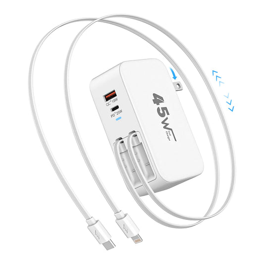 4-in-1 Retractable Wall Charger 45W Dual USB Ports with Lightning & Type-C Cables, Foldable Fast Charging Block, Travel Essentials Multiport Plug